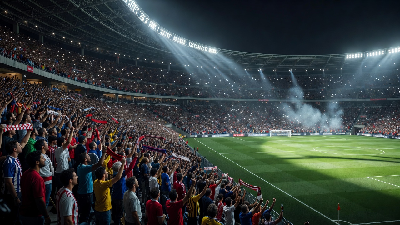 Cinematic view of a massive football stadium filled with supporters