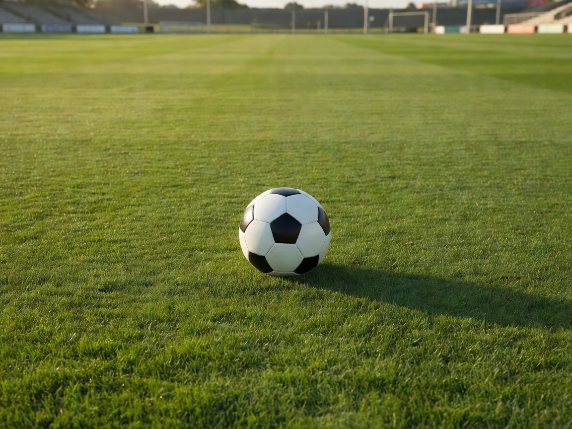 Football resting on a perfectly manicured green pitch