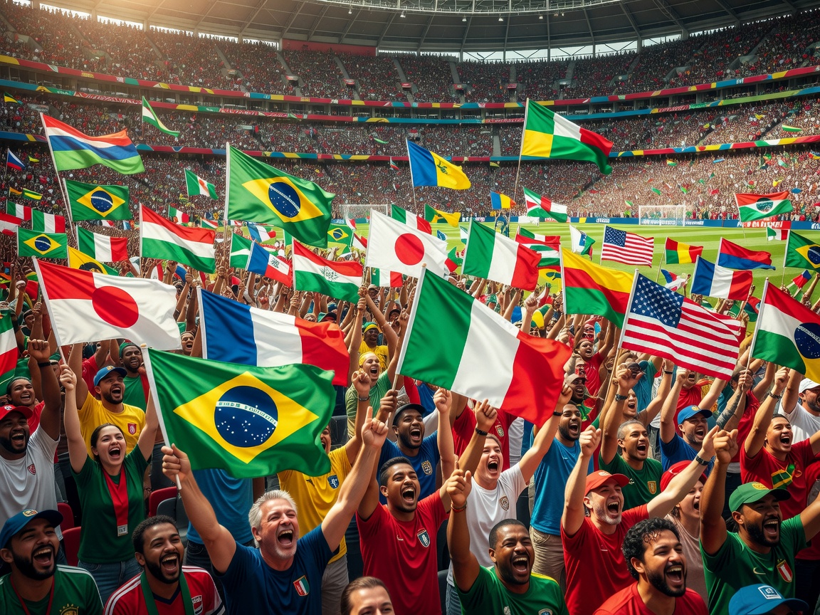 Supporters waving national flags in a packed stadium setting